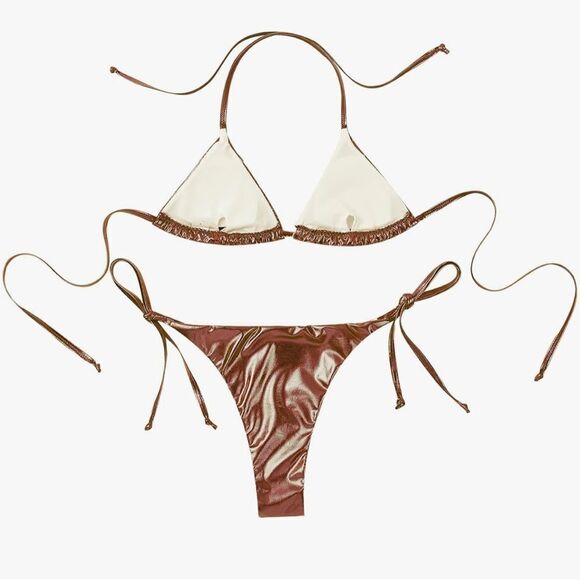 Women's Metallic Shiny Halter Lace-up Bikini Triangle Padded Cup Bra bronze S - Picture 2 of 6